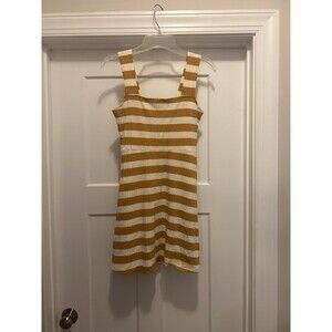 Womens American Eagle Yellow White Striped Ribbed Skater Dress Size Medium Short